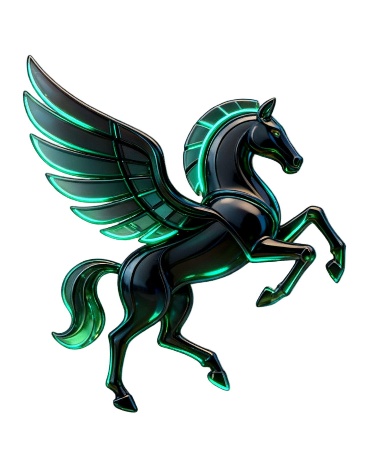 Pegasus — a winged horse rendered in obsidian glass with emerald light