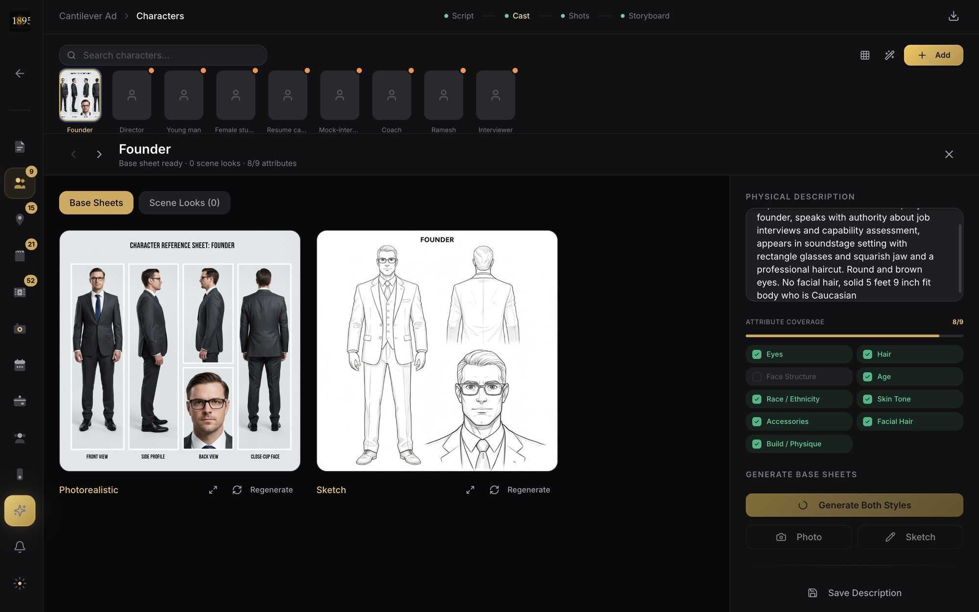 Cast design — consistent character reference sheets (photoreal + sketch)