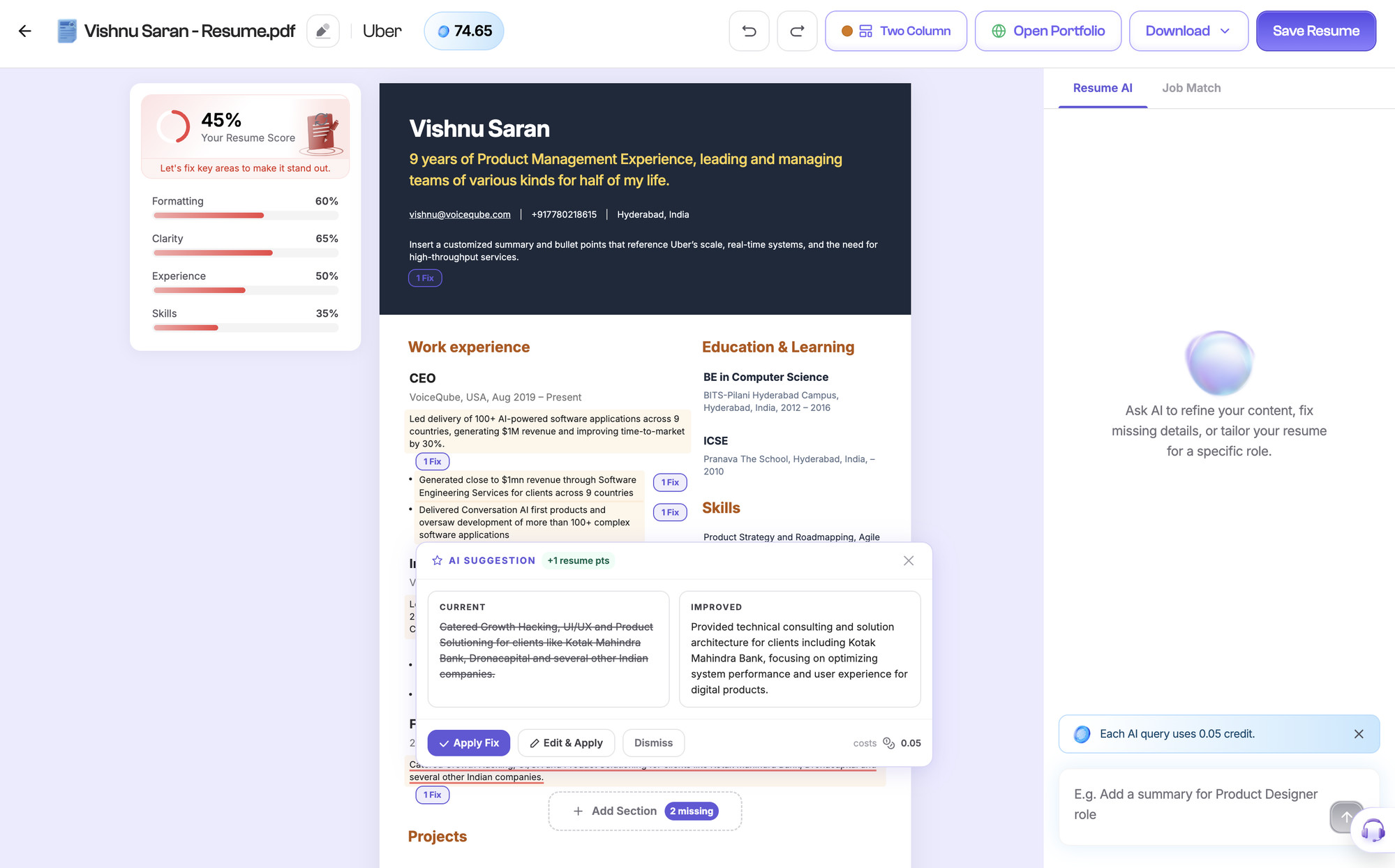 Resume builder — live ATS score + inline AI rewrite suggestions